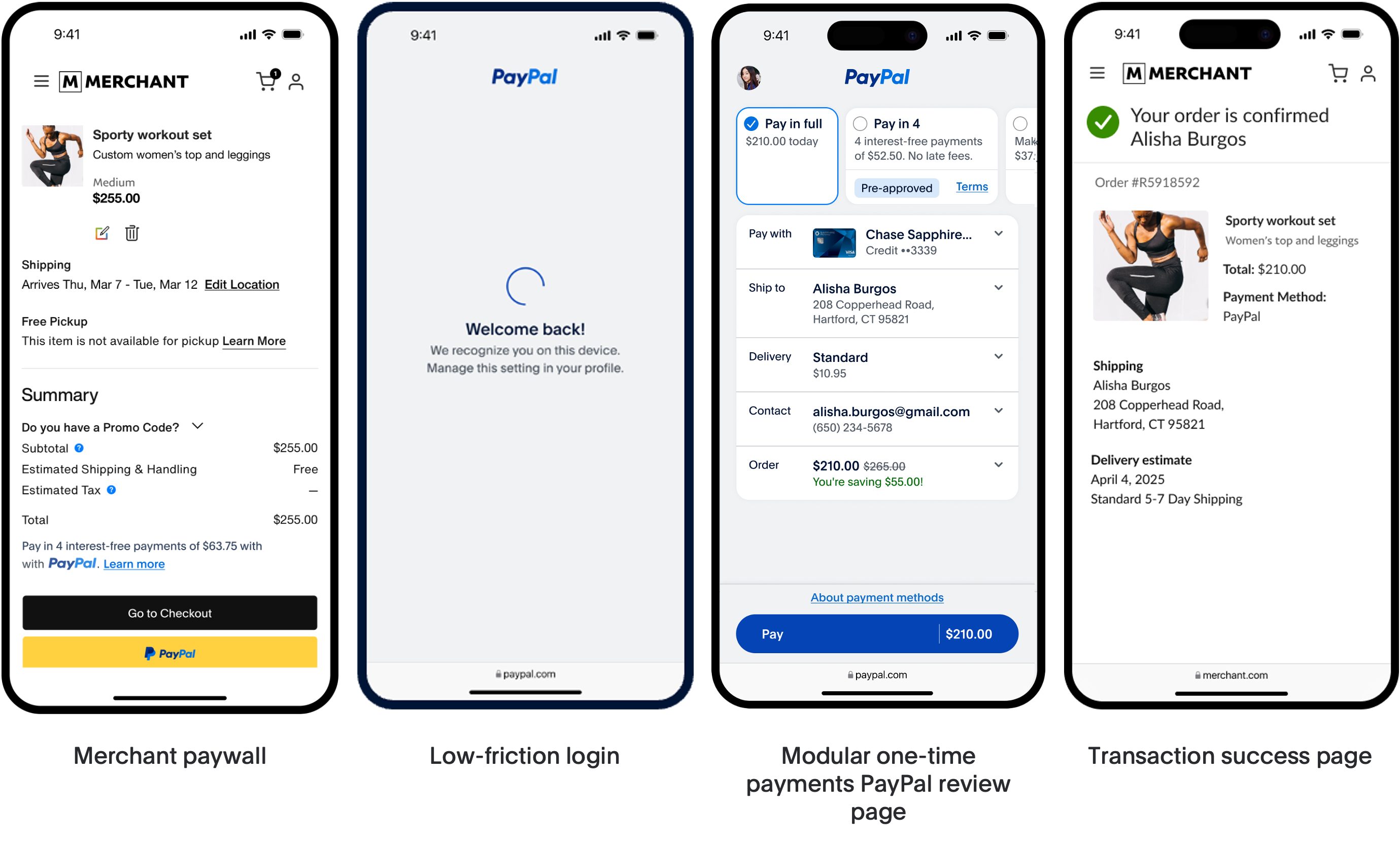 Four,smartphone,screenshots,demonstrating,a,one-click,checkout,integration,with,one-time,payments,for,retail,purchases.