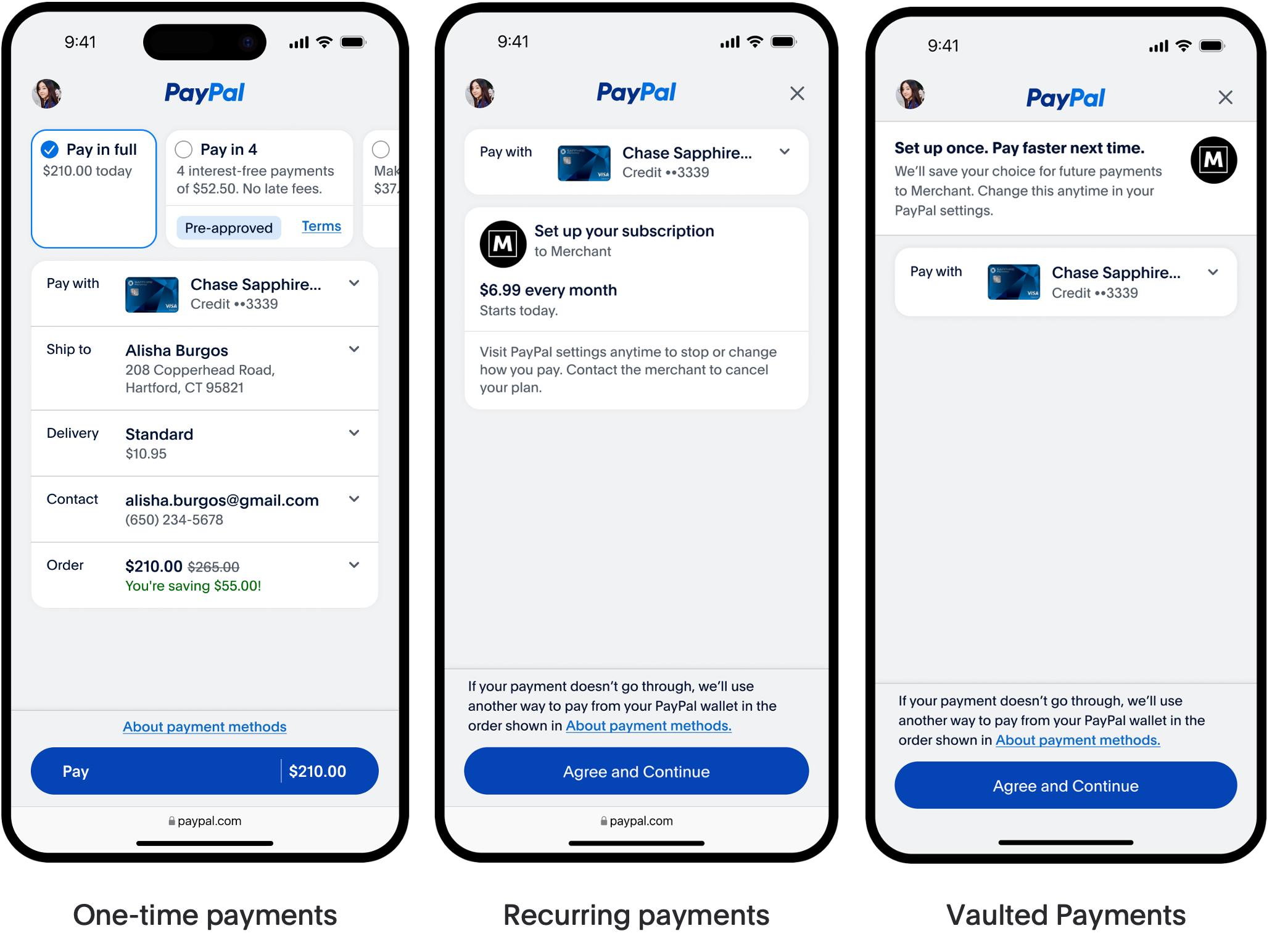 Three,smartphone,screenshots,and,titles,showing,a,one,time,payment,,a,recurring,payment,,and,a,vaulted,payment.