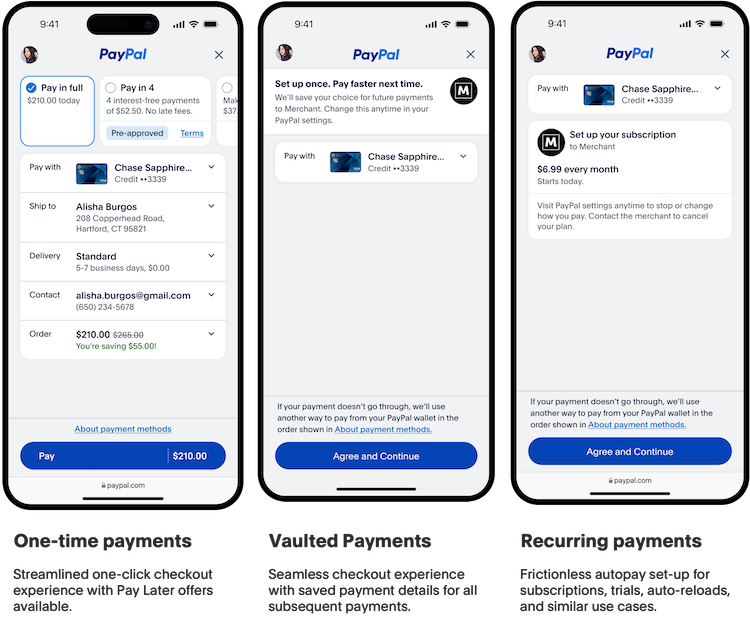 Screenshots showing supported payment flows, One-Time Payments, Vaulted Payments, and Recurring Payments