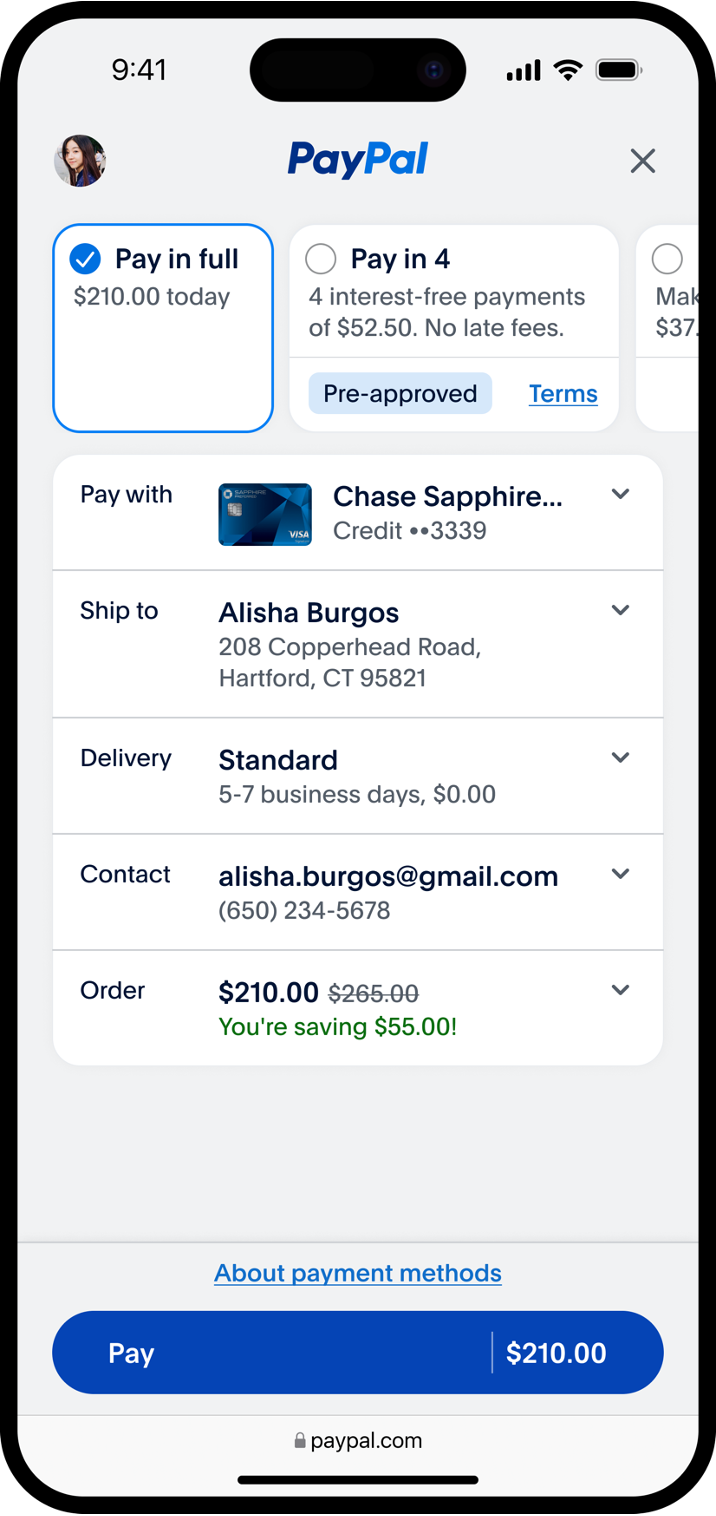 This,screenshot,shows,a,smartphone,open,to,the,PayPal,app,,showing,tiles,at,the,top,representing,payment,options,such,as,Pay,in,full,and,Pay,in,4.,The,tile,for,Pay,in,full,is,selected.,Following,these,tiles,is,information,about,the,payment,method,,shipping,address,,delivery,method,,delivery,contact,,and,order,details,such,as,the,price,and,the,amount,the,buyer,is,saving.,Following,this,information,is,a,link,labeled,About,payment,methods.,Following,this,link,is,a,blue,rounded,button,with,white,text,that,says,Pay,and,then,the,payment,amount.,The,last,item,is,a,lock,icon,followed,by,paypal.com,,indicating,this,is,a,secure,payment.