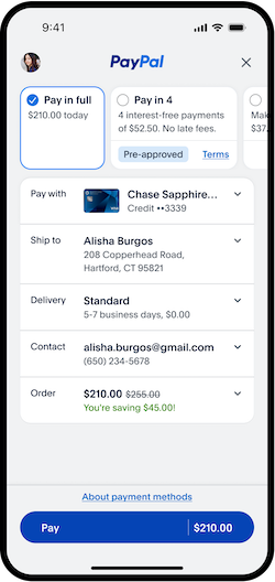 Screenshot showing a sample payment review page for a One-Time Payment with PayPal