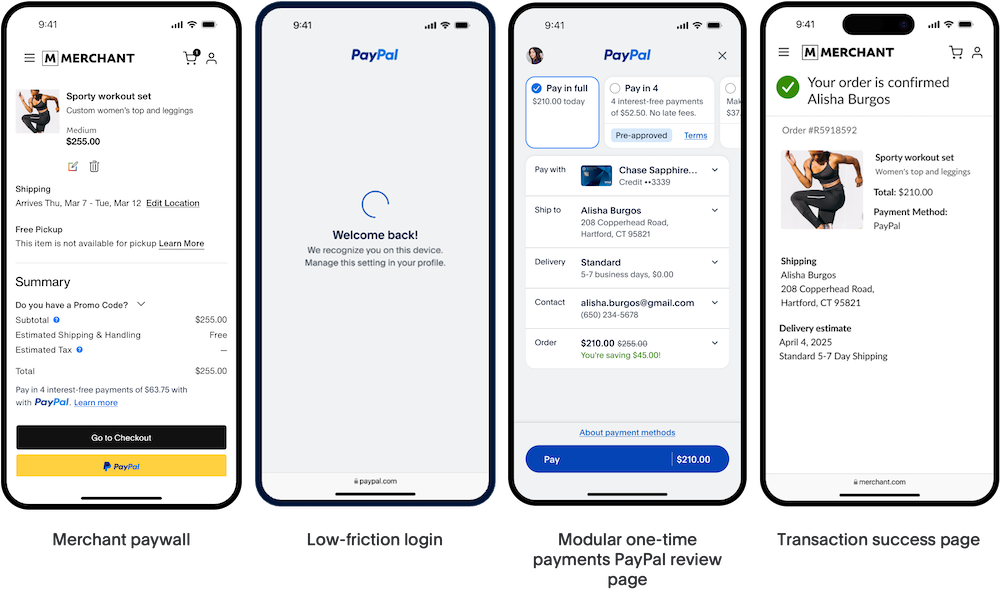 Four,smartphone,screenshots,demonstrating,a,one-click,checkout,integration,with,one-time,payments,for,retail,purchases.