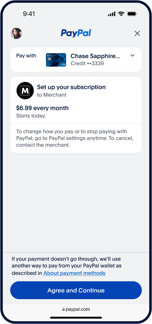 Screenshot of a sample integration of the Recurring Payments flow