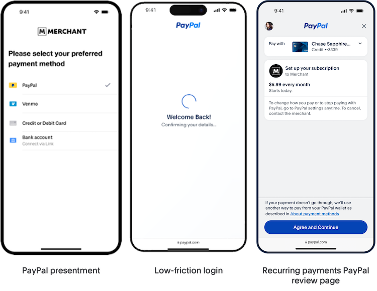 Three,smartphone,screenshots,demonstrating,a,simplified,subscription,sign-up,integration,for,recurring,payments.