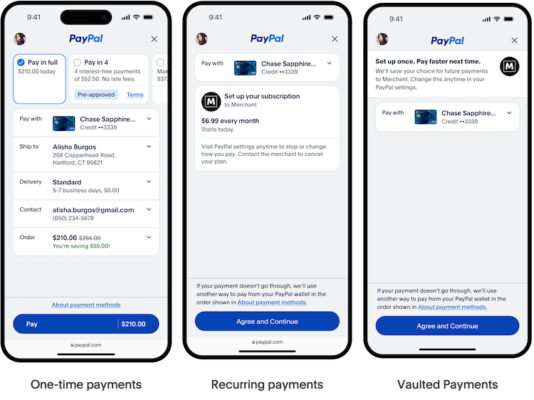 Three,smartphone,screenshots,and,titles,showing,a,one,time,payment,,a,recurring,payment,,and,a,vaulted,payment.
