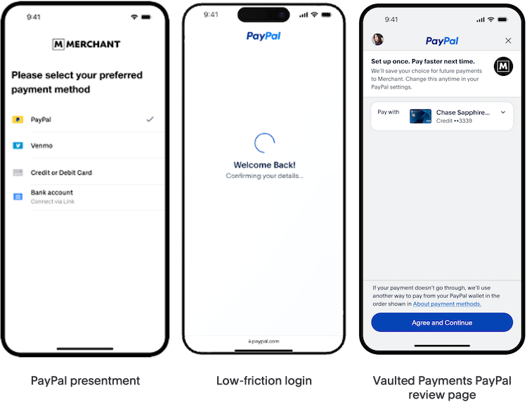 Three,smartphjone,screenshots,demonstrating,a,simplified,onboarding,integration,for,vaulted,payments.