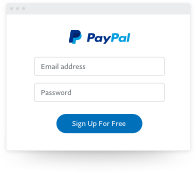 PayPal sign up form with empty fields for an email address and password; blue button saying "Sign Up For Free".