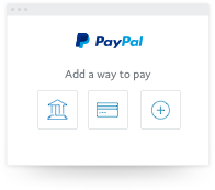 Tile of PayPal payment methods with blue icons of a bank, a credit or debit card, and a plus sign.