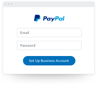 A screen requesting email and password to set up a PayPal business account.