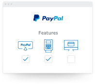 Tile of blue icons illustrating PayPal Check Out, Card Reader, and POS System with Check Out and Card Reader checked.