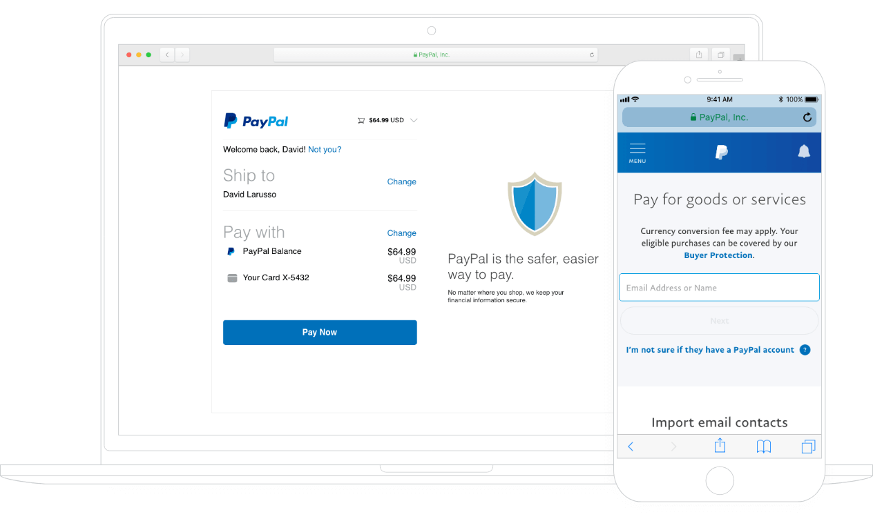 The PayPal payment page on a laptop and a phone.