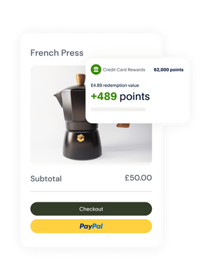 An example checkout page of a product offering to pay with PayPal, a tile showing an examples of credit card rewards.