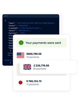 A white tile stating payments have been sent to multiple countries and payment options; a black tile with Hyperwallet coding