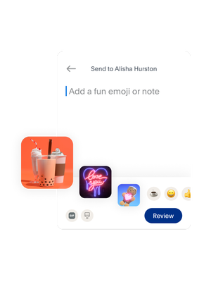A tile showing what it looks like to send money on the PayPal app, with options to add a fun emoji, note, or sticker