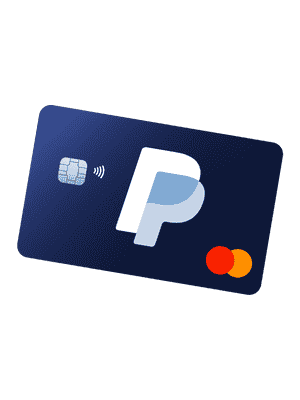 An illustration of a dark blue PayPal Cashback Mastercard card in front of a white space.