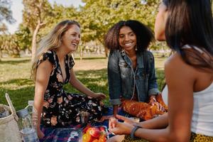 Group of smiling female friends sitting together on blanket with fruits enjoying at picnic in the park