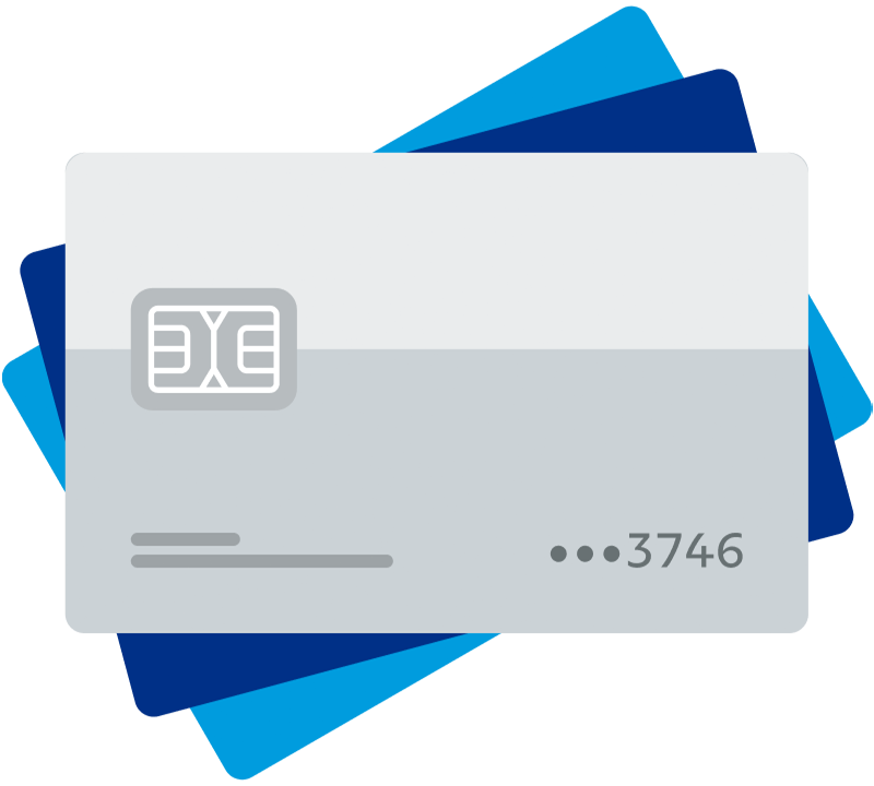 3 creditcards en bankpassen vertegenwoordigen populaire betaalmethoden die webwinkels kunnen accepteren met PayPal