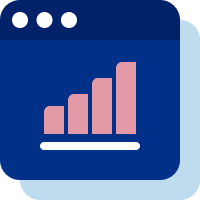 An icon of a web browser window with a column chart trending upward in the center