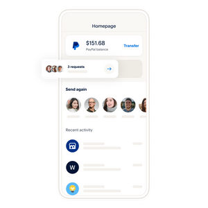 A mobile phone showing an example of what the home screen looks like on the PayPal digital wallet app
