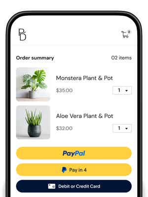 Mobile screen of Perez Design checkout displaying PayPal, Pay in 4, and debit or credit card as payment options