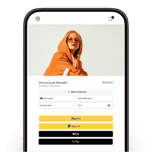 Desktop screen of an orange oversized hoodie at checkout and card, PayPal, Pay in 4, Google Pay or Apple Pay payment options
