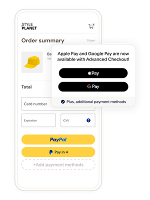 A mobile phone screen showing an order summary at checkout; a tile showing that Apple Pay and Google Pay is available with Advanced Checkout