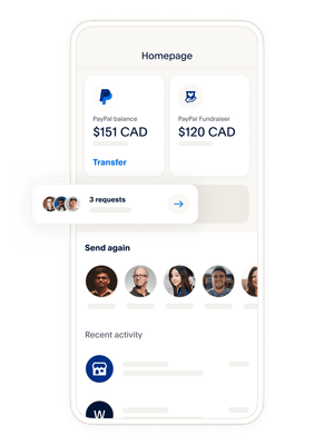 A mobile phone showing an example of what the home screen looks like on the PayPal digital wallet app