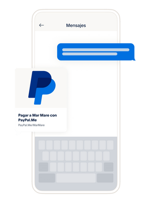 Una pantalla de celular donde se muestra un intercambio de mensajes de texto, y un mosaico que muestra cómo se ve tu link de PayPal.Me cuando lo compartes.