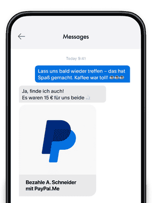 Ein Smartphone-Bildschirm, auf dem ein Nachrichtenverlauf angezeigt wird, eine Kachel, die zeigt, wie dein PayPal.Me-Link aussieht, wenn du ihn teilst.