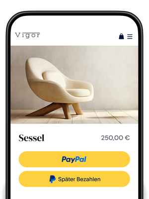 Ein Menü, das die Kaufabwicklung eines weißen Stuhls anzeigt, der mit PayPal oder der Option "Später Bezahlen" bezahlt werden kann.