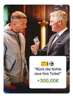 Bastian Schweinsteiger und Lukas Podolski an der Bar. Ein Bildschirm der PayPal-App wird eingeblendet, der zeigt, wie Bastian Schweinsteiger Geld an Lukas Podolski für die Spieltickets sendet.