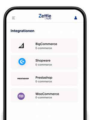 Écran de bureau avec l'application PayPal Zettle ouverte et l'onglet Intégrations sélectionné ; 5 intégrations répertoriées dont Shopify