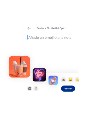 Un icono que muestra cómo es enviar dinero en la aplicación de PayPal, con opciones para añadir un emoji, una nota o una pegatina