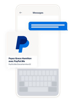 Un écran de téléphone mobile affichant un échange de SMS, une vignette indiquant comment s'affiche votre lien PayPal.Me lorsque vous le partagez.