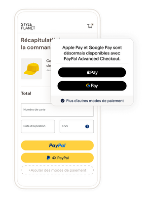 Un écran de téléphone mobile affichant un récapitulatif de commande au moment du paiement, avec les modes de paiement PayPal