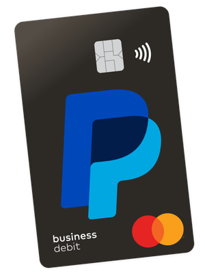 Matte black PayPal Business debit card with blue PayPal logo, silver chip, and red and orange Mastercard logo