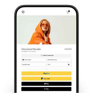 Desktop screen of an orange oversized hoodie at checkout and card, PayPal, Pay in 3, Google Pay or Apple Pay payment options