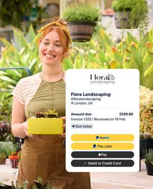 Woman in a green apron holding a yellow box of succulents in front of many plants; tile of a landscaping company invoice