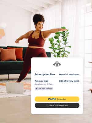 Bright yoga studio with person doing yoga; tile of a Motion Studio subscription plan with dues and a PayPal Subscribe button