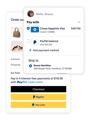 PayPal checkout options shown paying for a bag and shoes