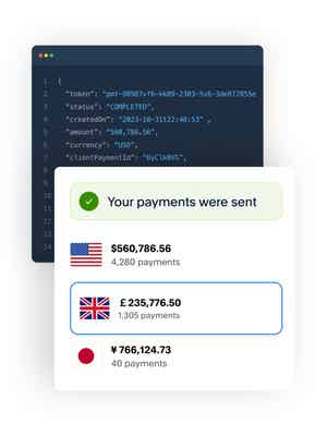 A white tile stating payments have been sent to multiple countries and payment options; a black tile with Hyperwallet coding
