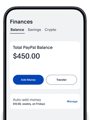 Mobile phone displaying the PayPal app's Balance tab with a view of a balance and options to add money and transfer out