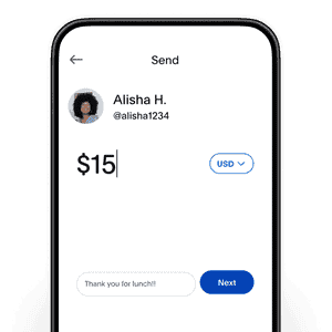 3 happy friends sharing tacos and celebrating an special ocassion. Overlayed is a screen of PayPal's app showing how 2 friends send money the third friend for the food.
