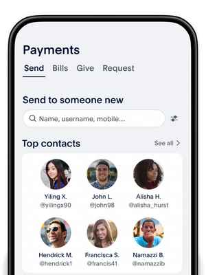 The Payments screen in the PayPal app with the Send tab selected. There’s a search field where you can use name, username, email or phone to find friends. Below is a list of your top contacts.