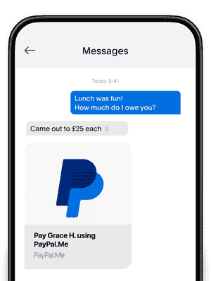 A mobile phone screen showing a text message exchange; a tile showing what your PayPal.Me link looks like when you share it