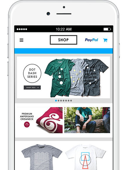 Smartphone screen showing a t-shirt e-commerce app that accepts PayPal payments.